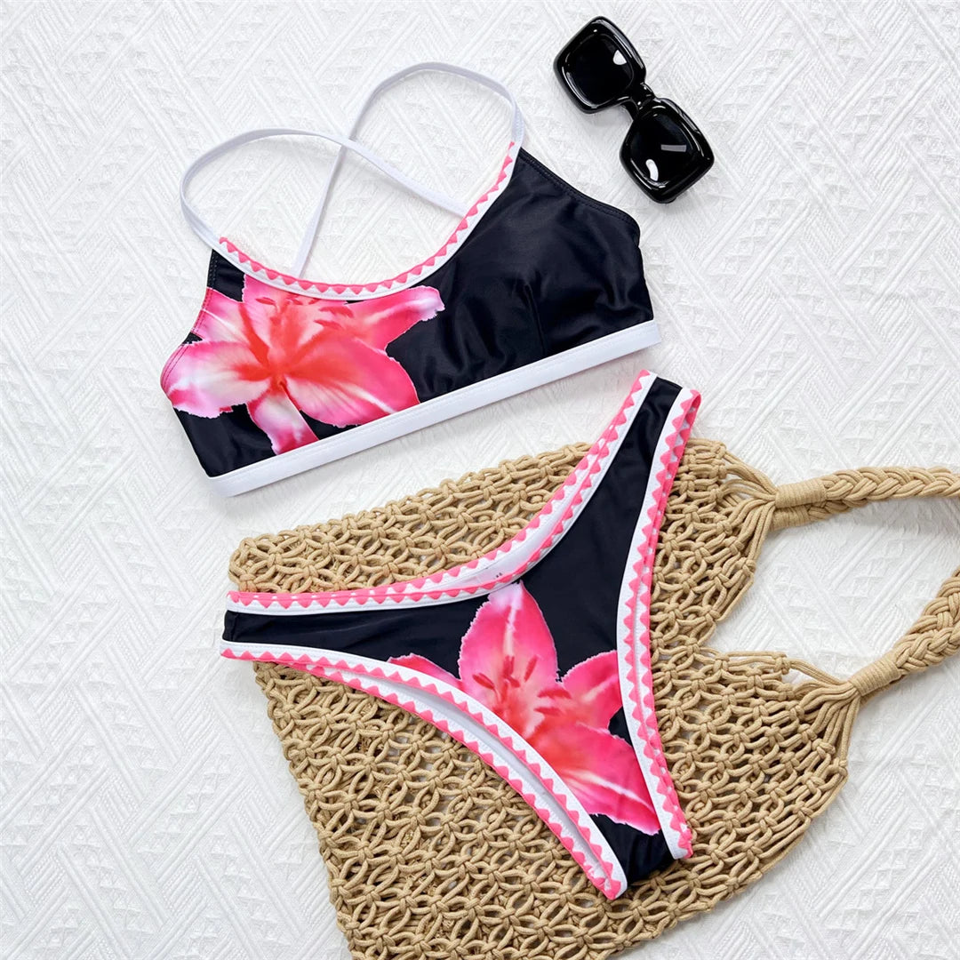 Floral Printed Cross Back Bikini Women Swimwear Female Swimsuit Two-pieces Bikini set Brazilian Bather Bathing Suit Swim K6705
