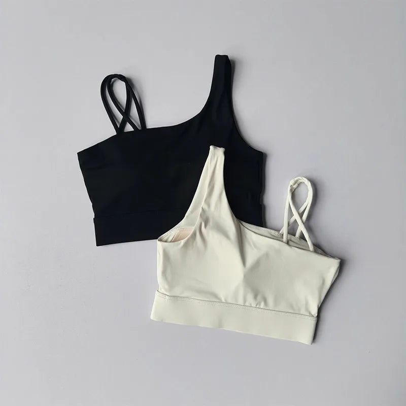 Women's Irregular Shoulder Strap Yoga Sports Bra Shockproof One-Piece Cup Running Vest for Training Fitness And Yoga