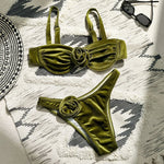Sexy Velvet Bikini Sets Women Green 3D Flower Push Up Underwire Micro Swimsuit 2025 Summer Bathing Suit Thong Swimwear Biquini