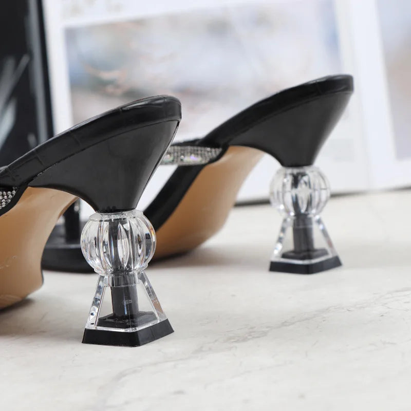 2025 Summer Flip Flops Crystal Slides Women 8cm High Heels Mules Crystal Glitter Block Low Heels Slippers Glitter Platform Shoes