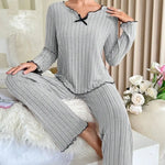Women Autumn Winter Sleepwear Ribbed Pajamas Set Long Sleeve Top and Long Pants 2 Piece Set Casual Homewear Loungewear