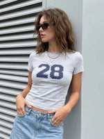 Summer Women Number Letter Print T-shirt Crew Neck Short Sleeve Slim Basic Tee Tops Fitness Sporty Casual Cropped Shirts