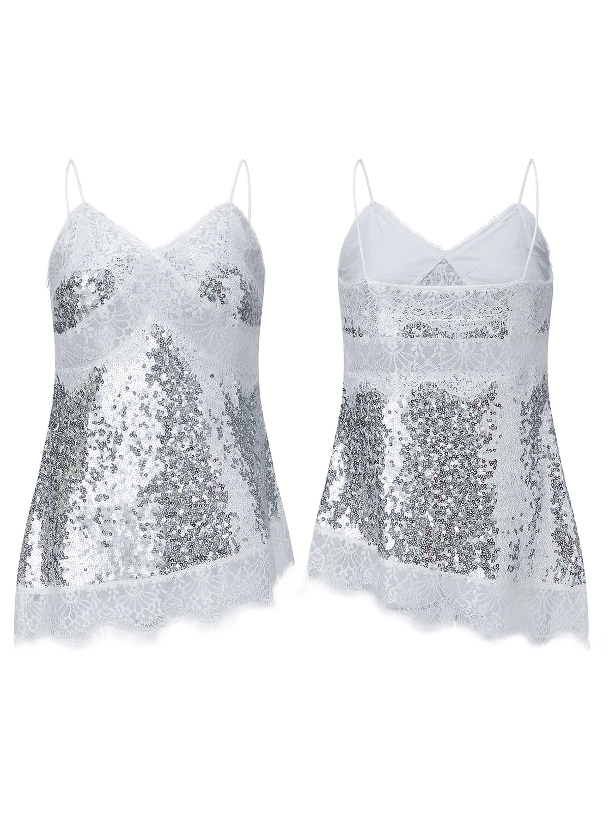 Women Sequin Camisole Tops Spaghetti Strap V Neck Lace Trim Loose Fit Tank Tops Summer Daily Casual Elegant Vest Streetwear