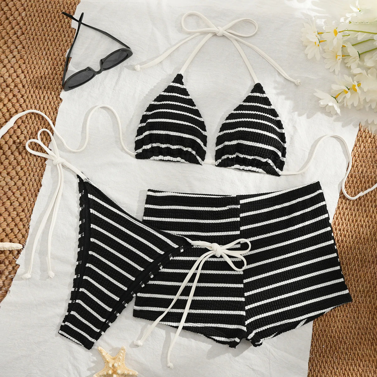 Sexy Striped Bikini 2025 Women Swimsuit Three Pieces Swimwear Female Thong Bikinis Set Swimming Bathing Suits Shorts Biquini