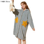 Unisex Men Women Warm Loungewear Dressing Gown Winter Thickened Coral Fleece Kimono Bathrobe with Star Pockets