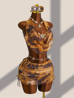 New Coffee Tie Dye Gradient Bikini Set 2026 Swimwear Women Metal Flower Push Up Cover Up Drawstring Side Skirt 4 Piece Swimsuit