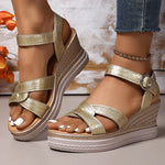 Fashion Gold Wedge Heel Sandals Women 2025 Cross Band Summer Platform Sandles Woman Plus Size Thick Bottom Rome Shoes Female