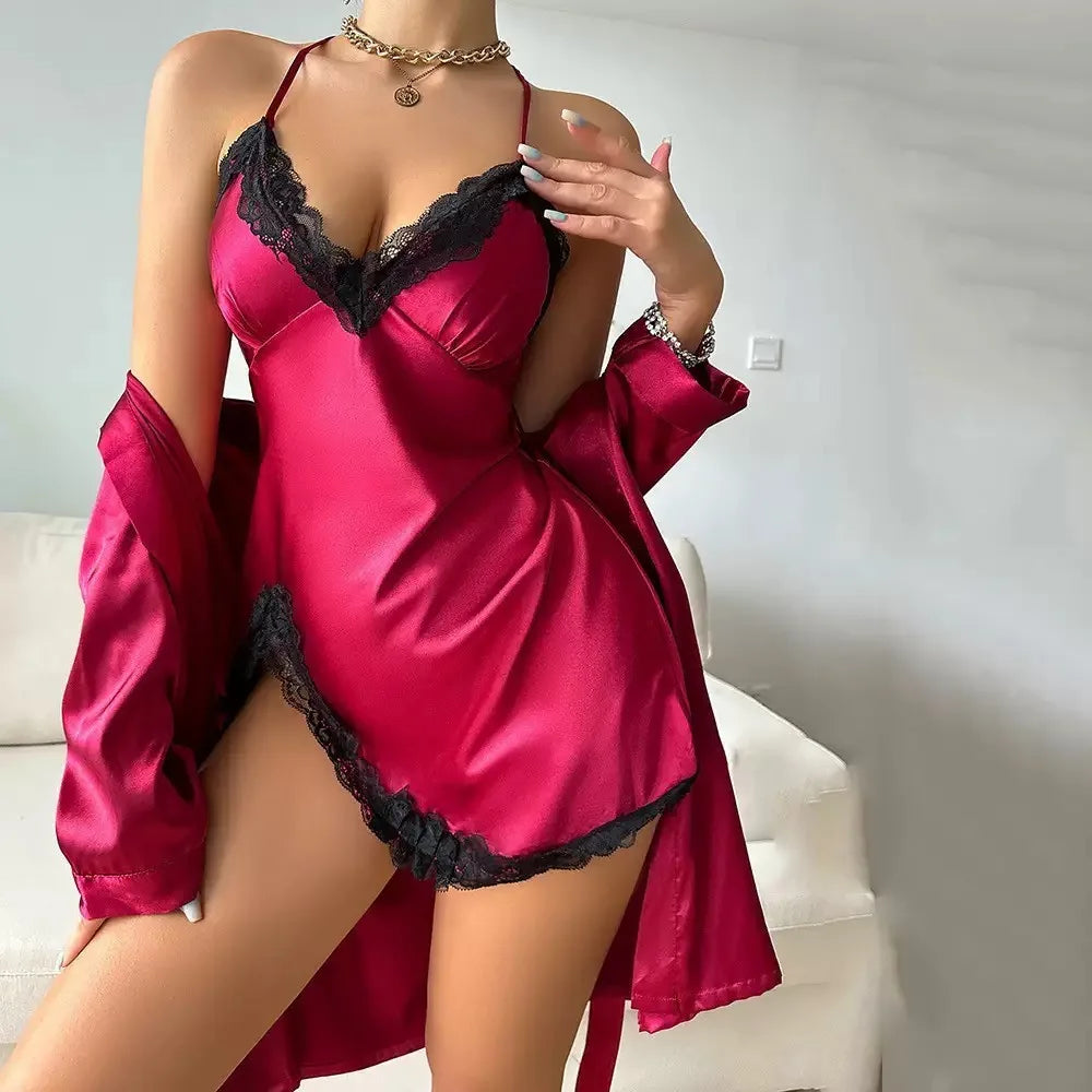 Women Navy Satin 2 Piece Pajama Set Lace Trim Slit Slip Dress Long Kimono Robe Silky Sleepwear Lingerie Nightgown