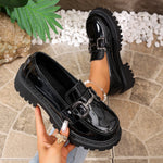 Women Patent Leather Platform Loafer Shoes Metal Buckle Decor Slip On Chunky Lug Sole Retro Preppy Casual Dress Shoes