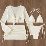 Beige Mesh Halter String Triangle Micro Thong Bikinis Sets 4 Pieces Long Sleeve Cover Ups Sexy Swimsuit Women Holiday Swimwear