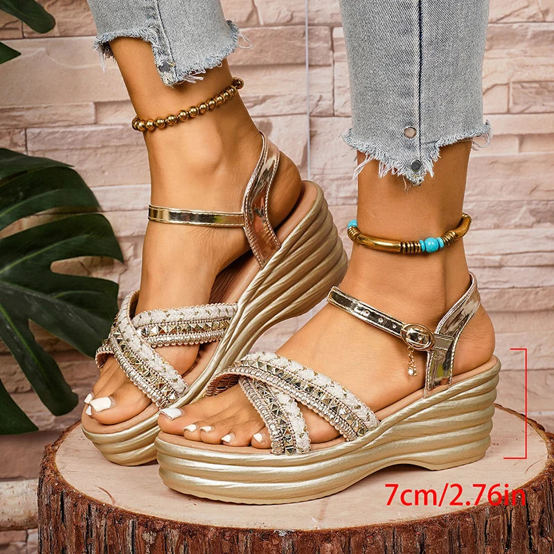 Summer Golden Wedge Heel Sandals Women Fashion Ankle Buckle Chunky Platform Sandles Woman Plus Size Thick Sole Gladiator Sandals