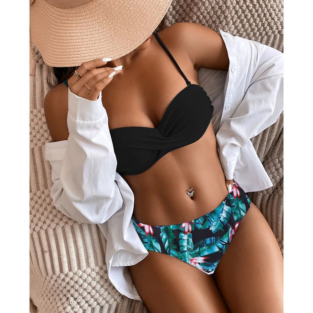Print Bandeau Bikini Swimsuit Women Push Up Bikini Set Swimwear Female High Waisted Bathing Suit Beach Wear Brazilian Biquini