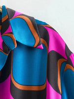 Foridol Side Split Women Fashion Geometric Print Blue New In Shirt Wrap Dress Women Long Sleeve Bowknot Maxi Long Vestido Robe