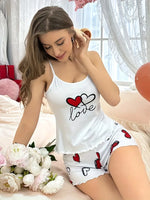 Comfortable Relaxed Fit Pajama Set for Women's Sleepwear Round Neck Backless Cami Top & Shorts with Heart Print Shorts