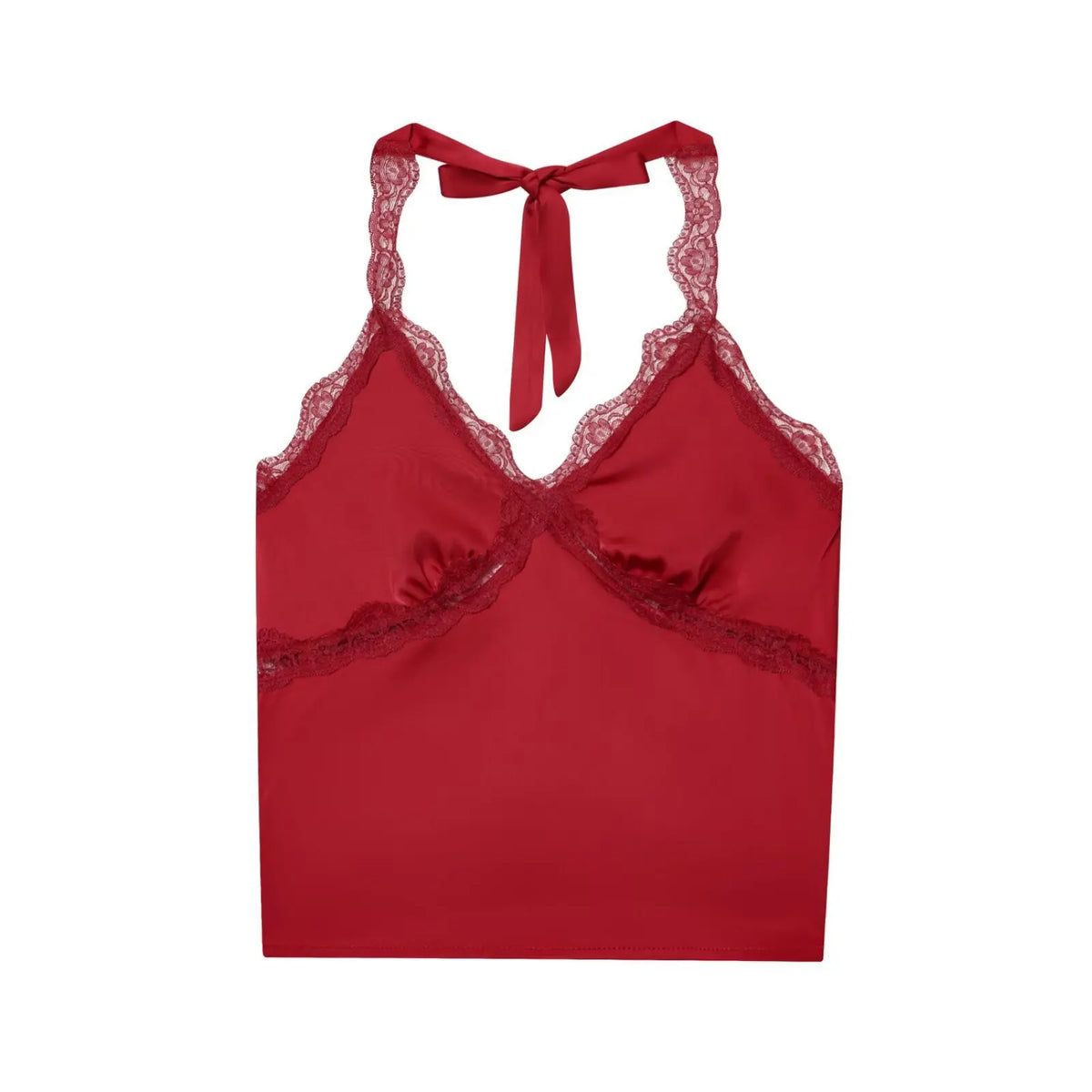 Women's Fashionable Casual Lace Halter V-Neck Double-Sided Satin Short Backless Solid Color Camisole For Woman Lace Trimmed 8BZO
