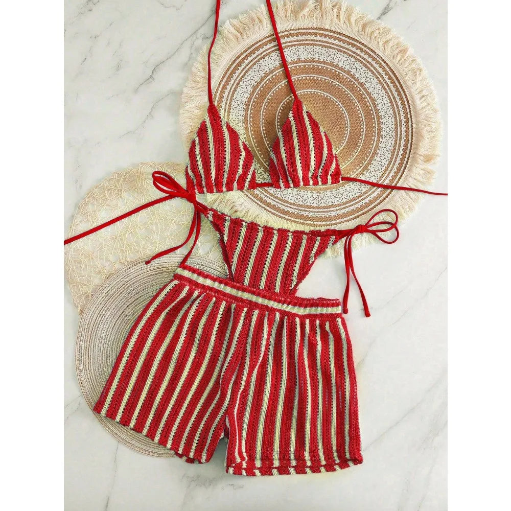 New Retro 3 Pieces Knitted Mesh String Bikini Set Swimsuit Women Blue Striped Swimwear with Shorts Beach Wear Boho Bathing Suit
