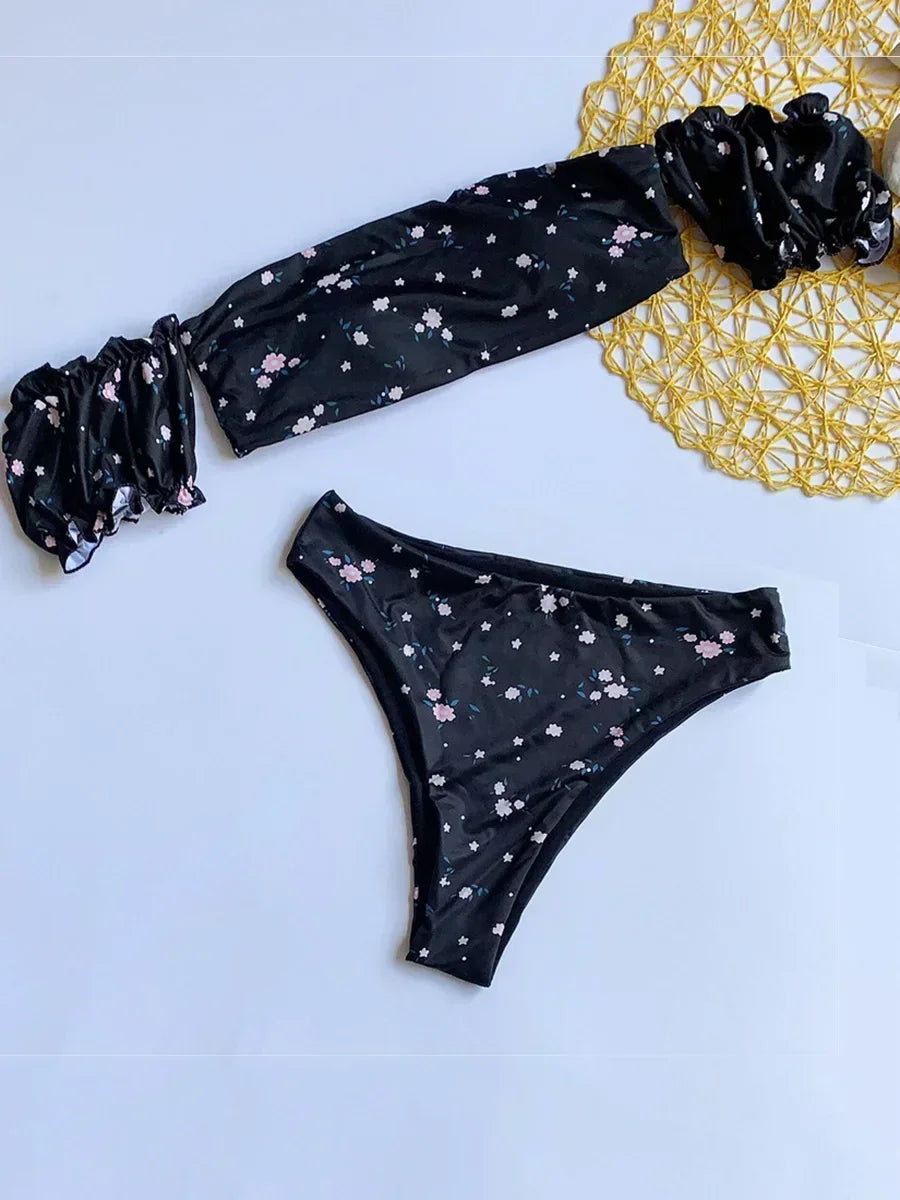 Sexy Ruffled Frill Off Shoulder Bikini Women Swimwear Female Swimsuit Two-pieces Bikini Set Ribbed Bathing Suit Swim Beach Wear