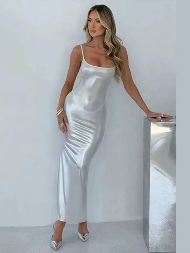 Faux Leather Slim Spaghetti Strap Dress For Women Strap Long Dresses Package Hip Bodycon Sexy Low Cut Party Evening Vestidos