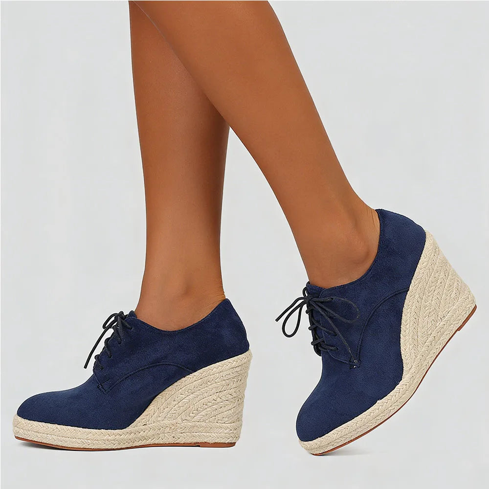 2026 Big Size 43 Vintage Brown Black Pointy Toe Lace-up High Heels Espadrilles Pumps Comfy Walk Office Lady Wedges Shoes Women