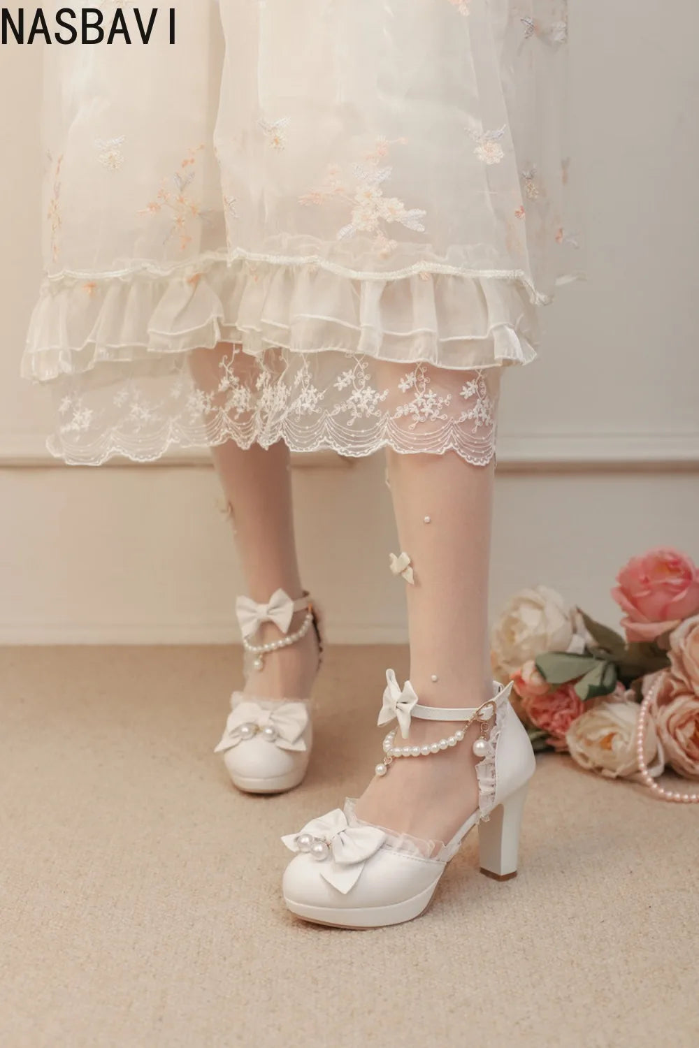 Women Girls Mary Janes 9cm High Heel Ankle Strap Pumps Sweet Chunky Buckle Princess White Sandals New Summer Large Size 33-48