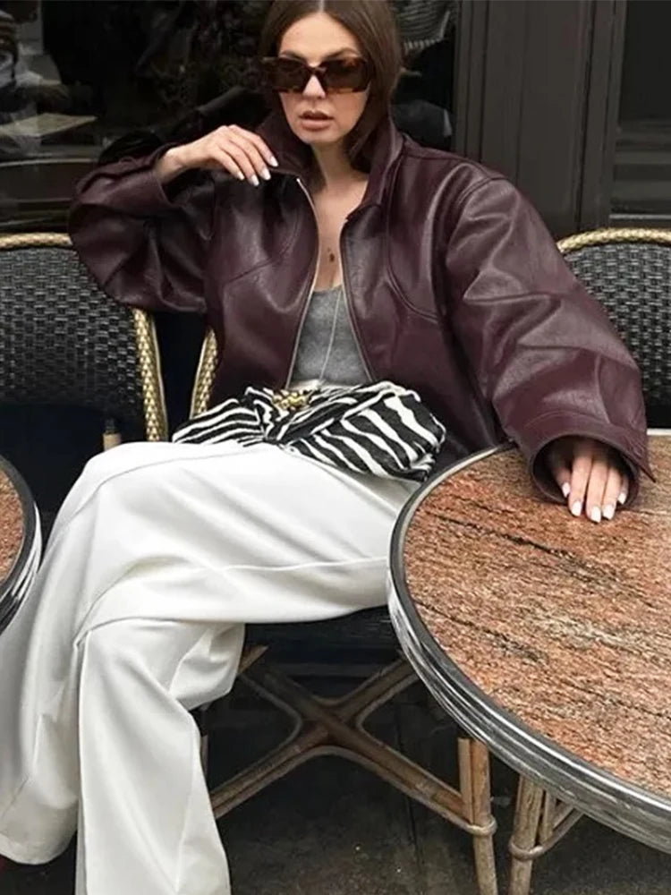 Foridol Wine Red Vintage Faux Leather PU Coat for Women Long Sleeve Turn Down Collar Zipper Autumn Winter Coat Jacket