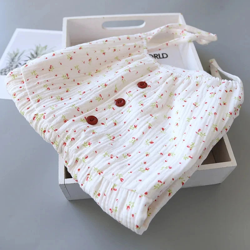 Women's 100% Cotton Crepe Gauze Nightgown Floral Sleeveless Spaghetti Strap Knee-Length Summer Home Sleep Dress M-XL