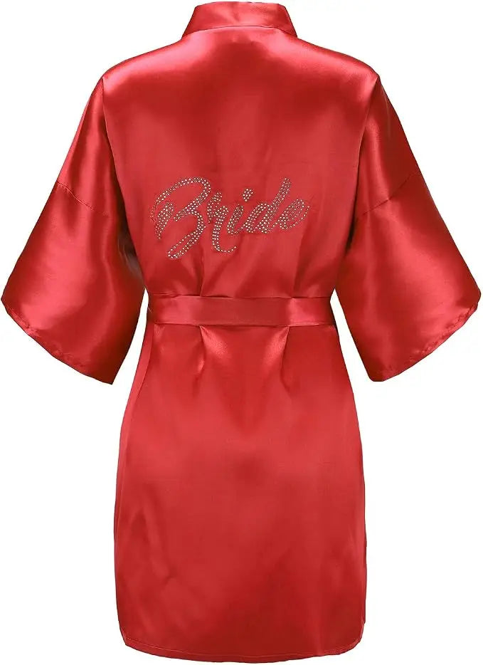 Women's Satin Kimono Robes with Rhinestones Bride Bridesmaid Short Getting Ready Wedding Dressing Gown