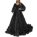 Women Evening Dress Lantern Sleeve V Neck Shiny Sequin A-line Double-layered Floor Length Mesh Cocktail Party Dress Prom Gown
