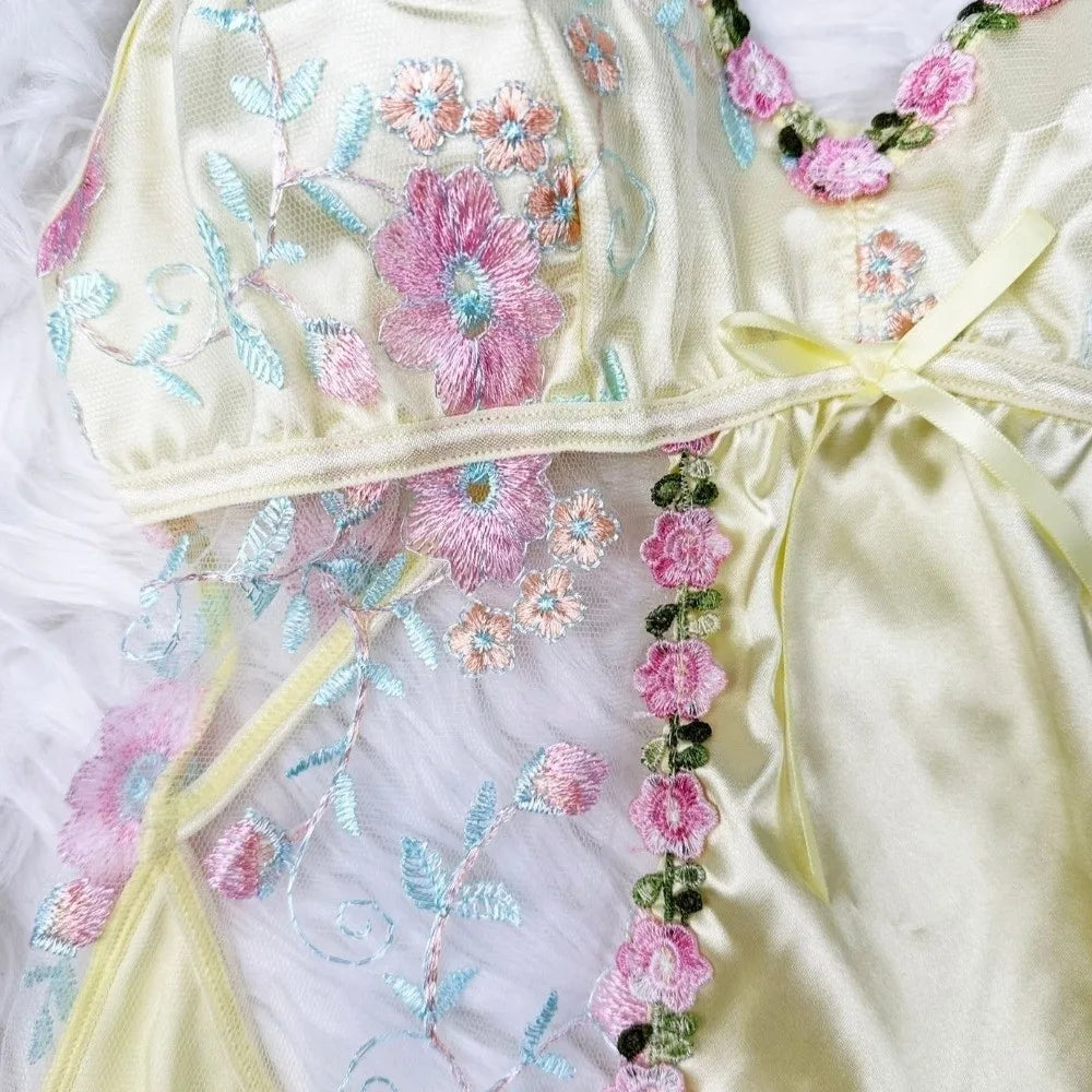 Thin Lace Bow Women's Pajama Dress Embroidered Mesh Transparent Ice Silk Suspender Nightdress Split Sleepwear