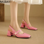Elegant Slingback Sandals Women Summer Shoes Pink Black Silver Medium Heels Close Toe Office Party Shoes Female Large Size 45