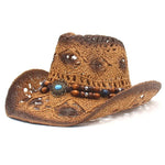 Women Cowboy Hat Creative Curled Straw Hollow Design Ethnic Style Beads Chain Decoration Shade Straw Hat Summer Sun Cap