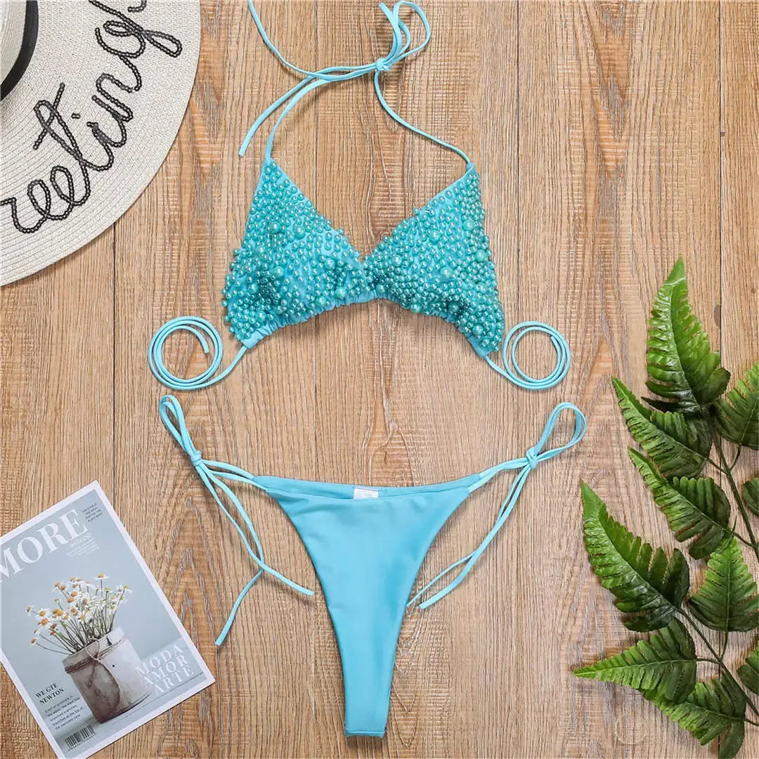 S - XL Halter Luxury Pearl Bikini Female Swimsuit Women Swimwear Two-pieces Bikini set Mini Micro Bather Bathing Suit Swim Lady