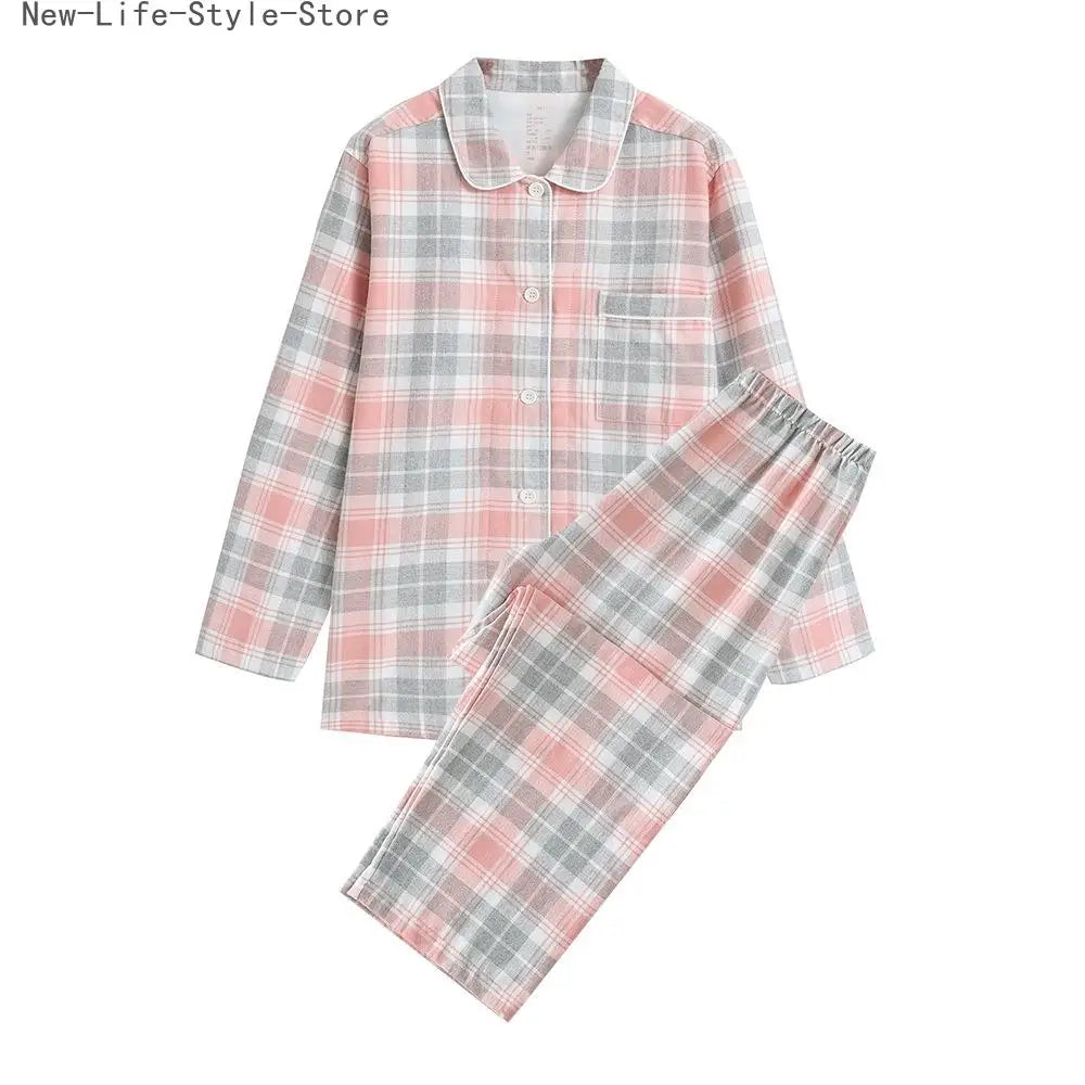 Men Brushed Cotton Vintage Plaid Stripe Pajama Set Lapel Collar Long Sleeve Top Pants Home Sleepwear Loungewear