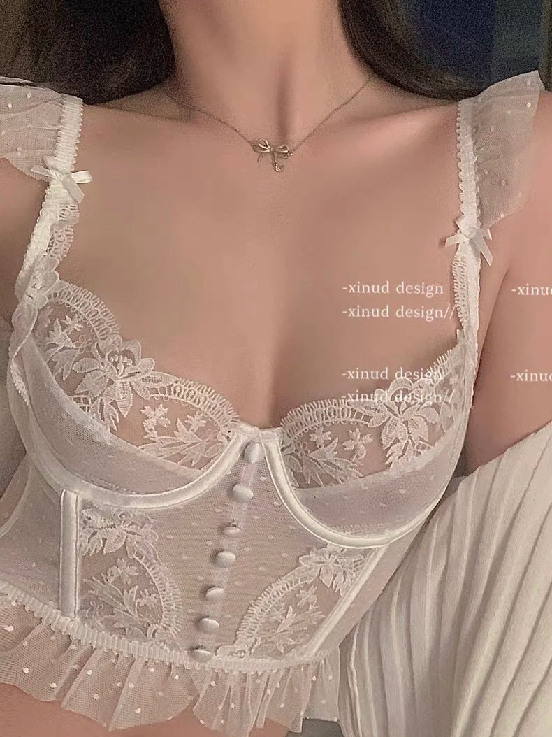 French Embroidery Lace Women's Bra Set Top Sweet Female Wedding White Bralette Vest Sexy Corset Bras Comfortable Intimates