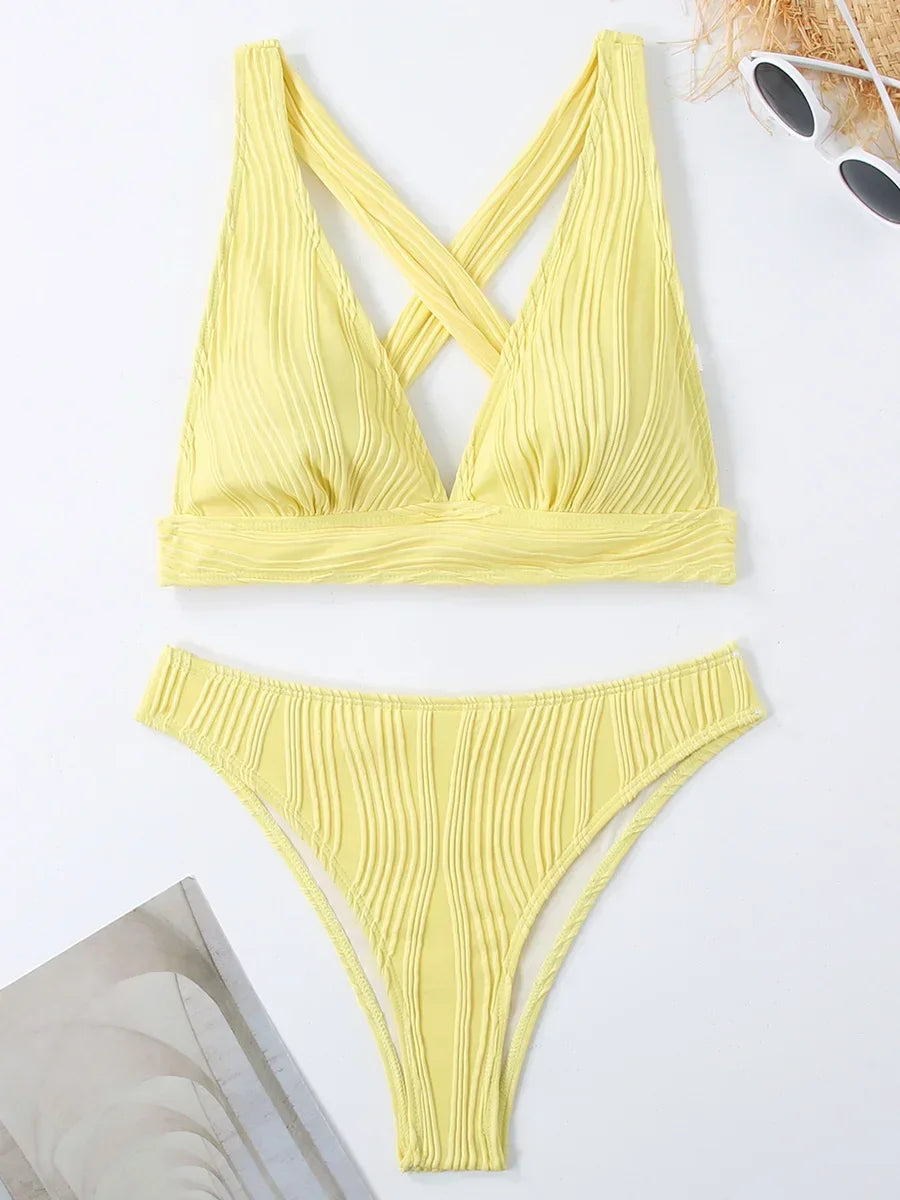 Wrinkled Crinkled Cross Back Bikini Women Swimwear Female Swimsuit Two-pieces Bikini Set High Cut Bathing Suit Swim Beach Wear