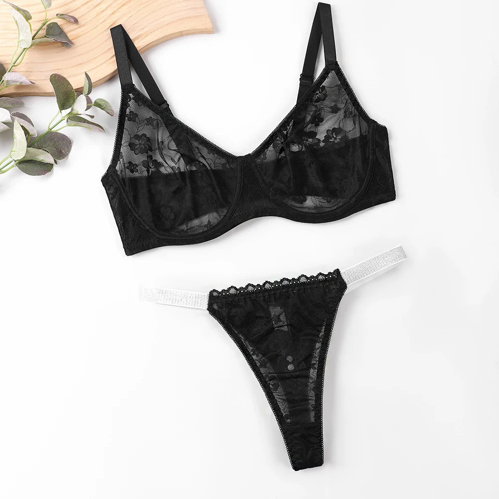 Sexy Floral Lace Womens Lingerie Set Breathable Erotic Bra And Briefs Sets Panties Thong Plus Size Underwear B C D E F Cup