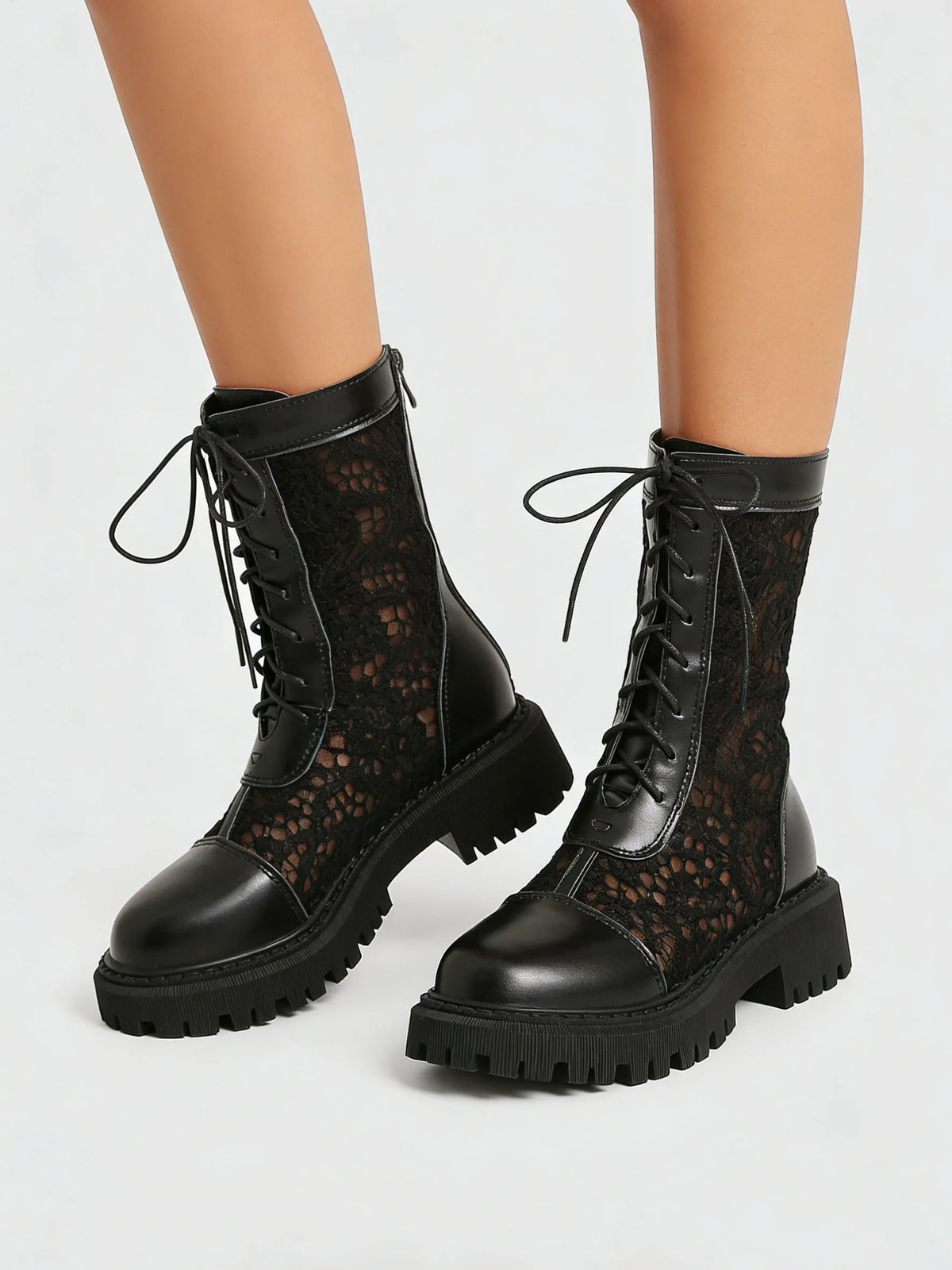 2026 New Big Size 45 Chic Black Lace Mesh Summer Boots Women Round Toe Square Heels Shoelace Zip-up Mid-calf Boots Shoes