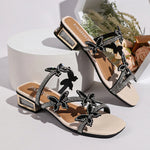 Luxury Crystal Butterfly Sandals for Women Summer Hollow Out Square Heels Sandals Woman Elegant Med Heel Party Shoes Plus Size