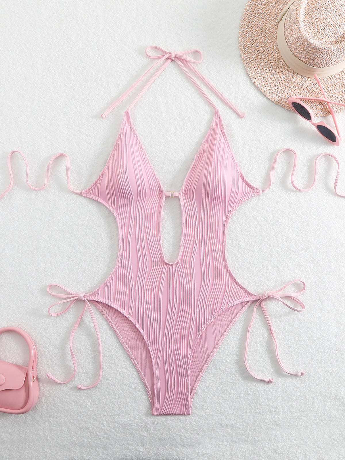 Sexy Halter V Neck Wrinkled Female Swimwear One Piece Swimsuit Women Backless Monokini High Leg Cut Bathing Suit Swim Beach Wear