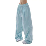 Women Sport Pants Wide Leg Elastic Waist Adjustable Drawstring Long Pants Solid Color Leisure Travel Cargo Trousers