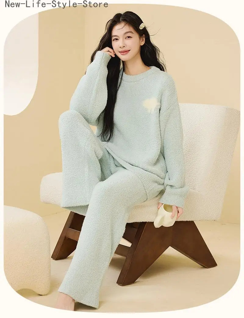 Women Autumn Winter Half Fleece Pajama Set Solid Round Neck Thick Warm Soft Casual Homewear Sleepwear Suit Wearable Outside