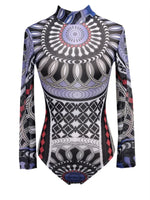Women Mesh Bodysuits Vintage Ethnic Printed Long Sleeve Leotard Body Top See Through Sexy Club Overalls Shirts