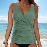 Women's Removable Padded Tankini Top V Neck Waist Defining Ruffled Separate Swimsuit Top Ruched Support Bathing Suit Swim Top