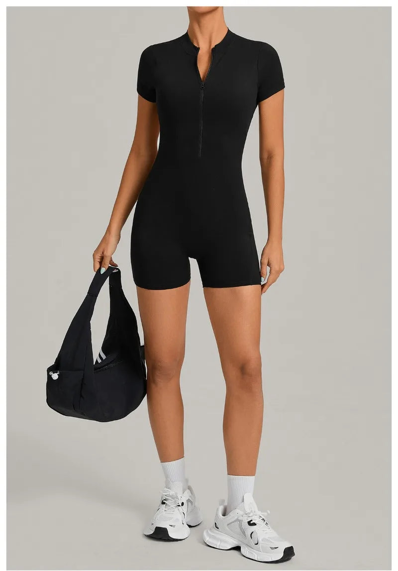 Women's Seamless Yoga Jumpsuits Sports Fitness Beauty Back Slim Fit Short-Sleeves One-Piece Workout Gym Training Bodysuits