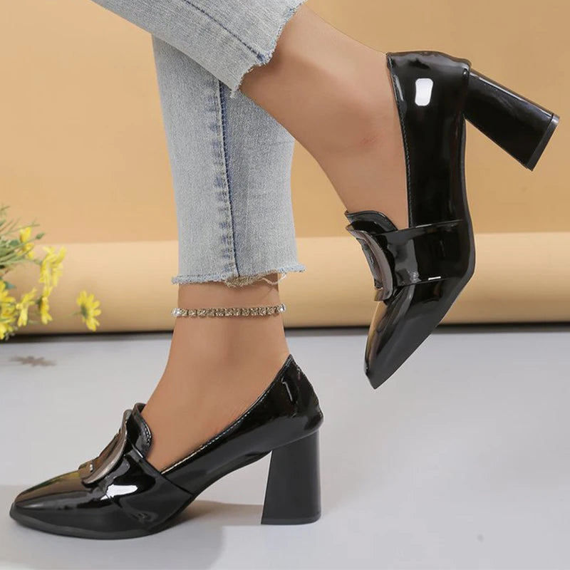 Black Pu Leather Heel Pumps Women 2025 Retro Metal Decoration Slip On Pumps Woman Square Toe Non Slip High Heels Shoes Ladies