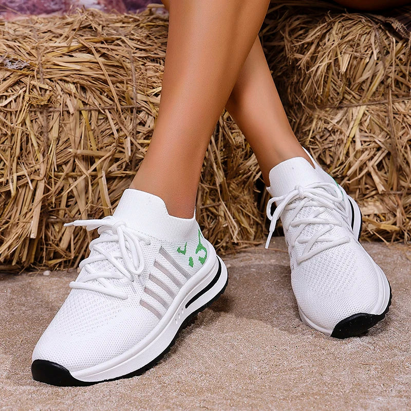 2026 Hollow Out Breathable Sneakers Women Plus Size Printed Thick Sole Walking Shoes Woman Comfortable Knitted Flats Female