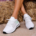 2026 Hollow Out Breathable Sneakers Women Plus Size Printed Thick Sole Walking Shoes Woman Comfortable Knitted Flats Female