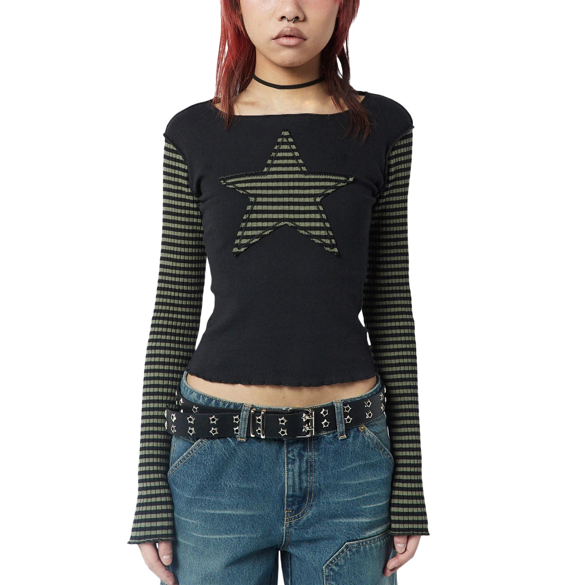 Early Autumn Punk Style Slim Fit T-shirt Women Long Sleeve Crew Neck Star Stripes Patchwork Ladies Tops for Casual Daily