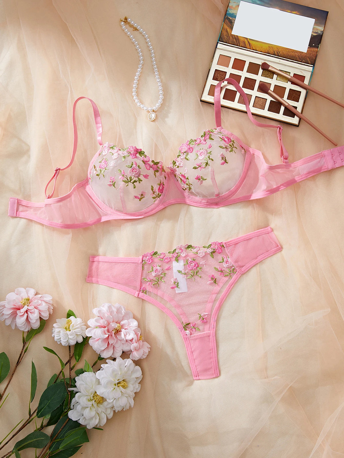 Fairy Bra Set Women Bralette 2-Piece Underwear Sets Floral Embroidery Steel Ring Bra And Panty Set