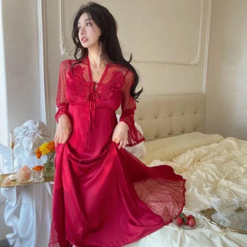 French sexy Pure Temptation Mesh Lace Nightgown for Women Spring Summer Ice Silk Long Sleeve Cutout Back Sleepwear Homewear